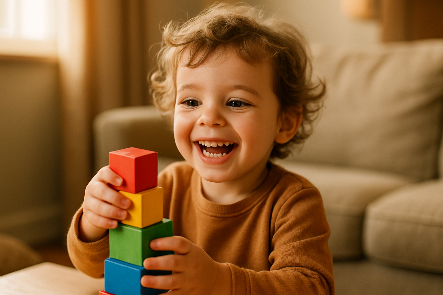 kid smiling at a toy